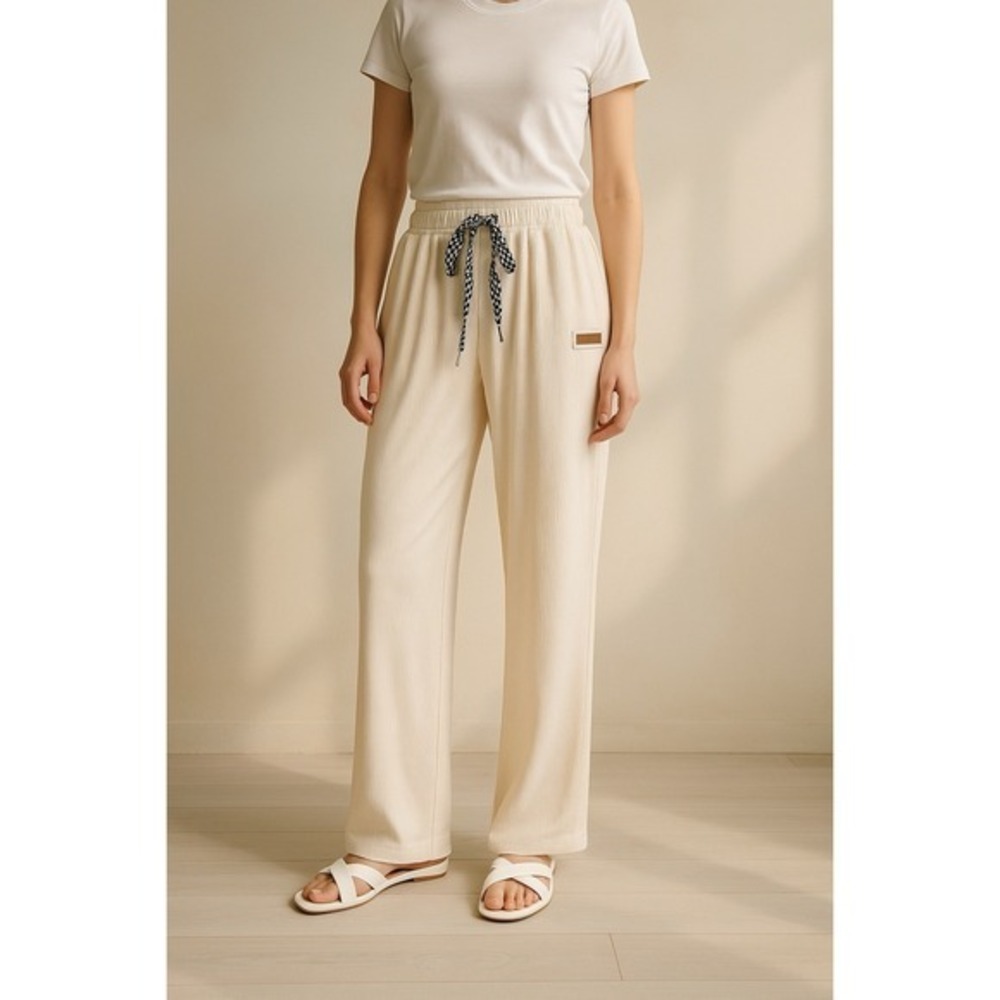 Pants‎ Women Spring Solid Simple High Waist Drawstring White new